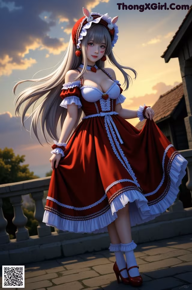 A woman in a red and white dress standing on a balcony.