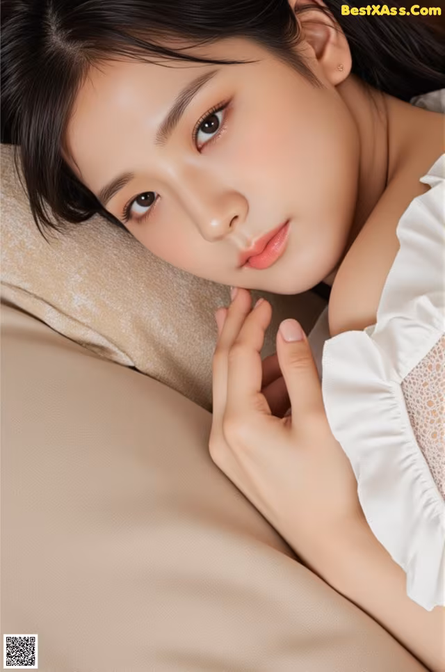 A woman laying on top of a bed next to a pillow.
