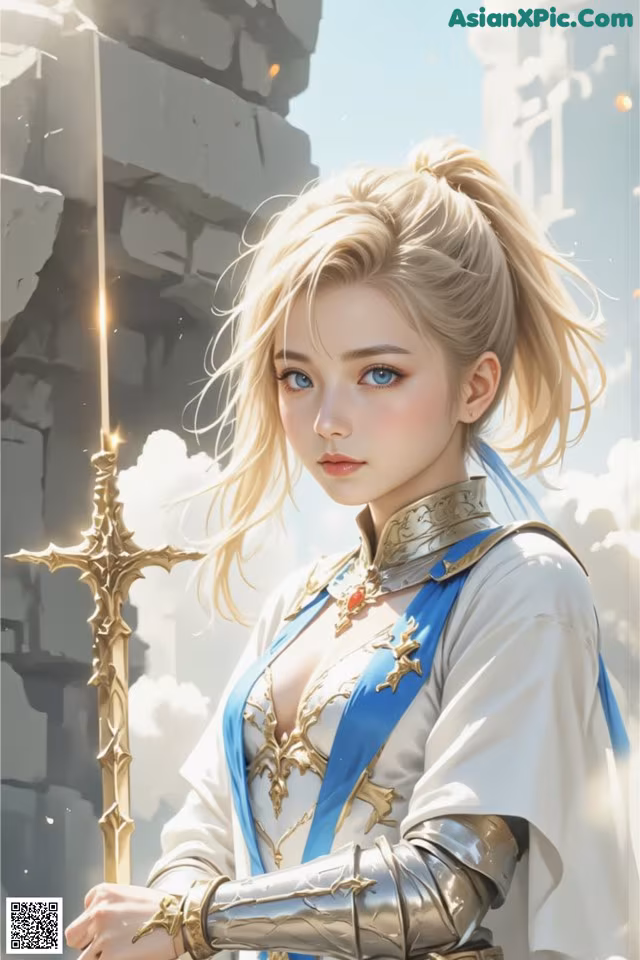 A woman in armor holding a sword in front of a castle.