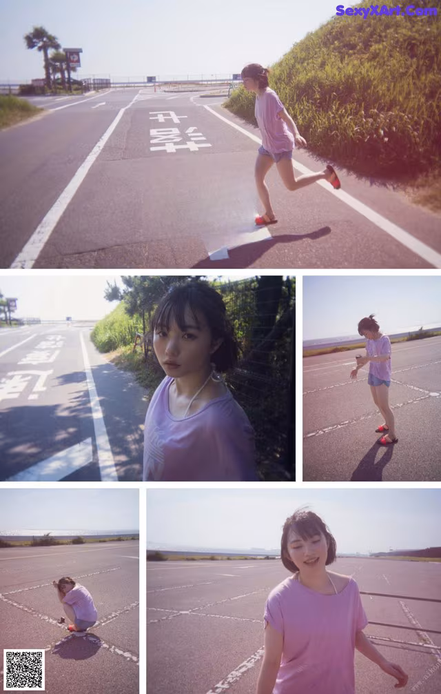 A collage of photos of a woman running on a road.