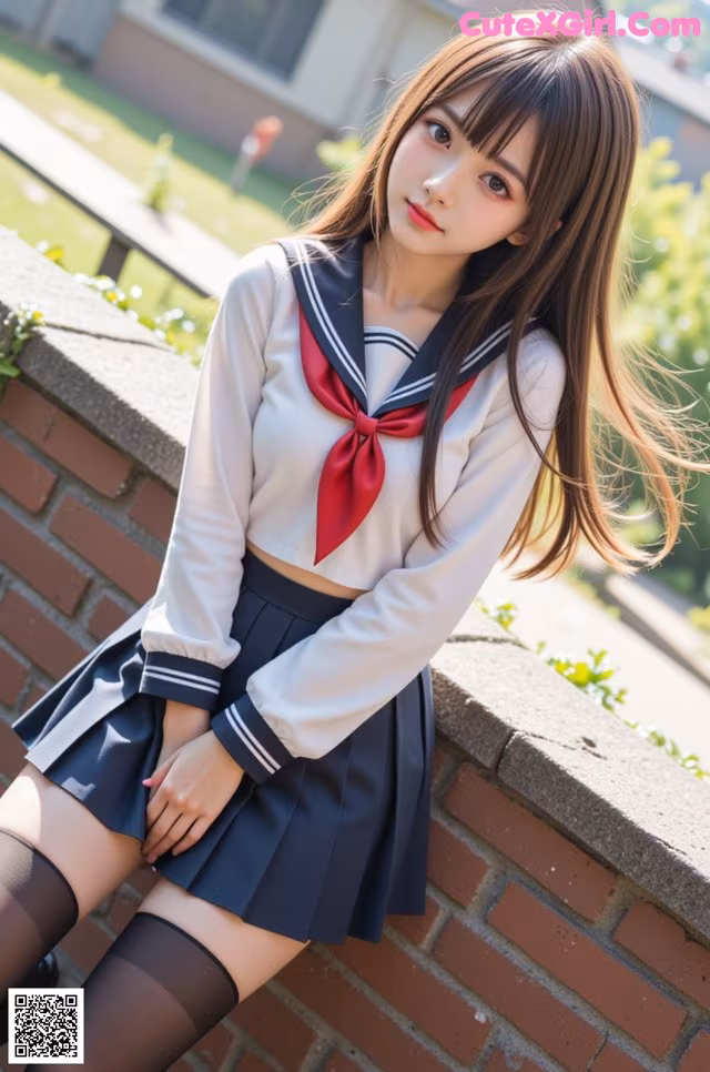 A woman in a school uniform leaning against a brick wall.