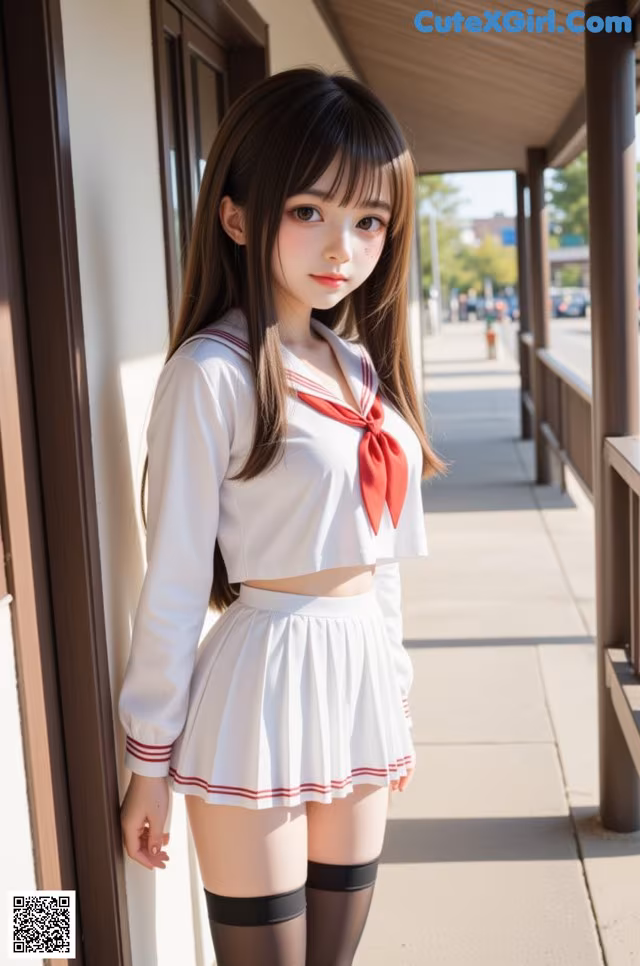 A woman in a white shirt and skirt posing for a picture.