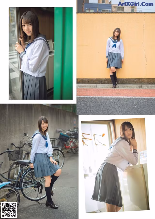 A woman in a school uniform posing for a picture.