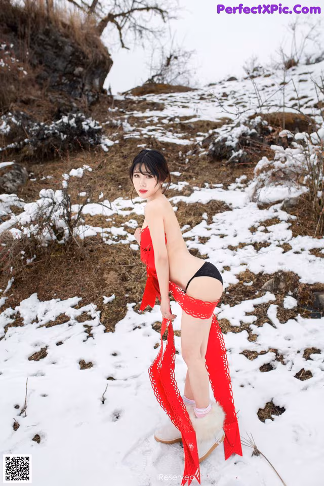 A woman in a red dress is standing in the snow.