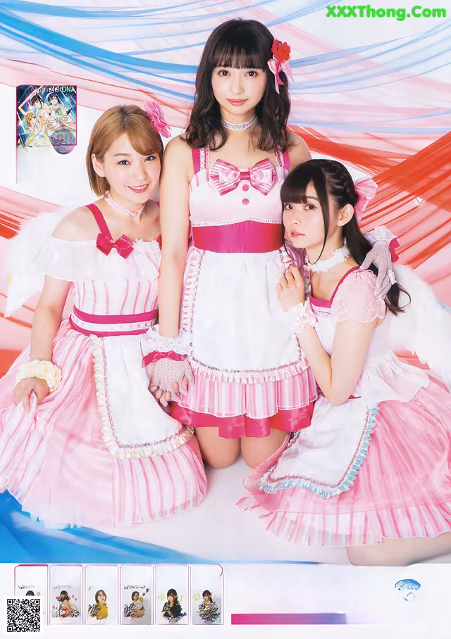 A group of three young women dressed in pink and white dresses.