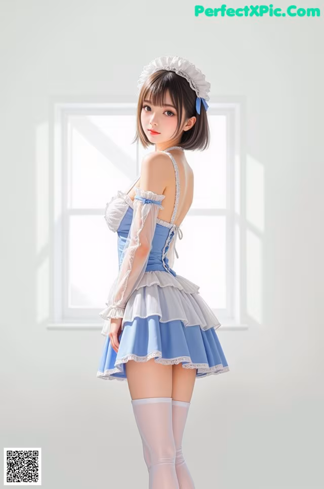 a woman in a blue and white dress standing in front of a window