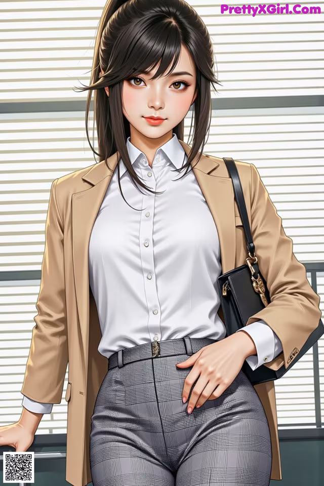 A woman in a white shirt and a beige jacket is posing for a picture.