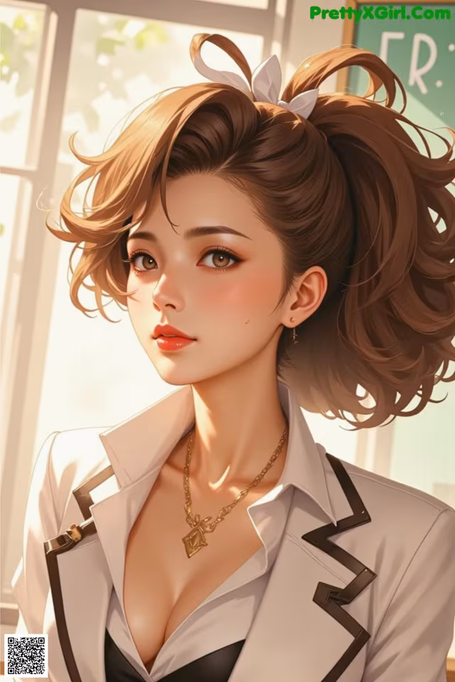 A woman in a white jacket with a bow on her head.