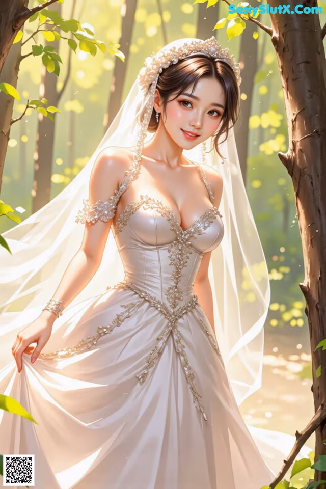 A woman in a wedding dress standing in the woods.