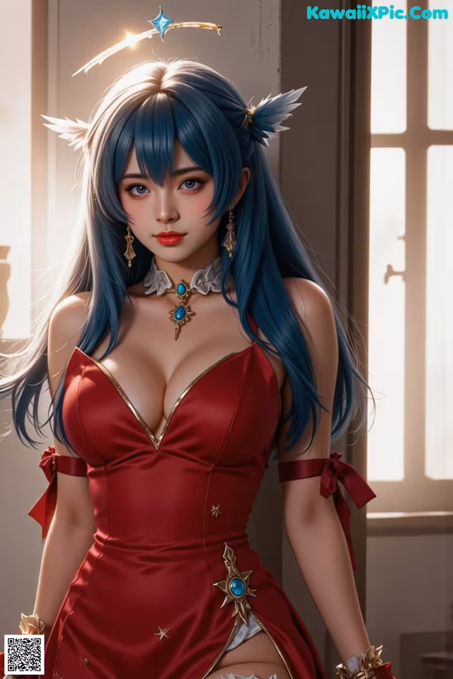 A woman in a red dress with blue hair.