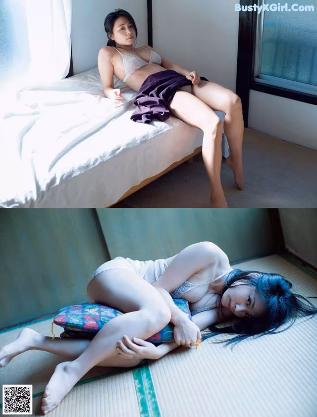 A woman laying on top of a bed next to a window.
