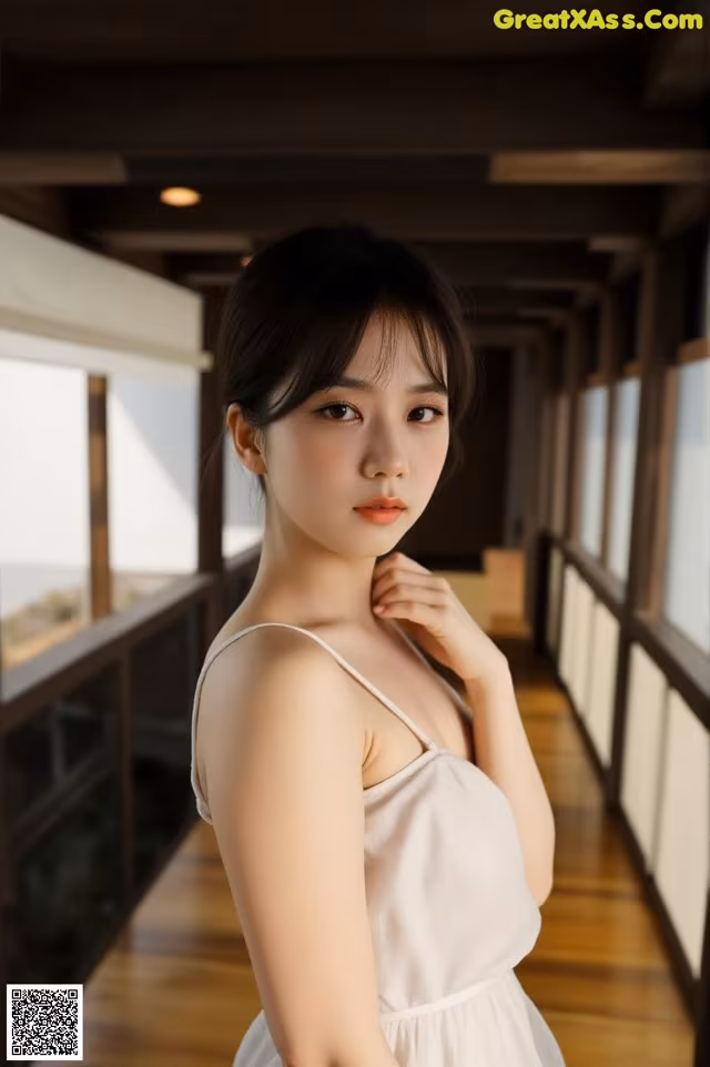 A woman in a white dress posing for a picture.