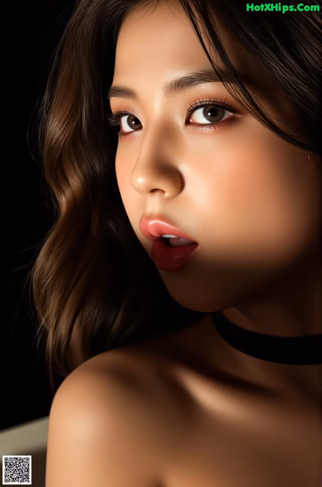 A woman with long brown hair and a black choker.