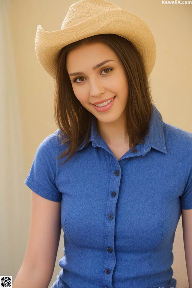 A woman in a blue shirt and a straw hat.