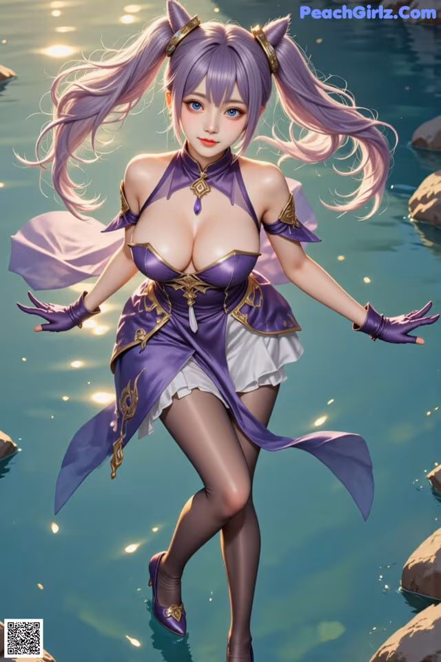 A woman in a purple dress is standing in the water.