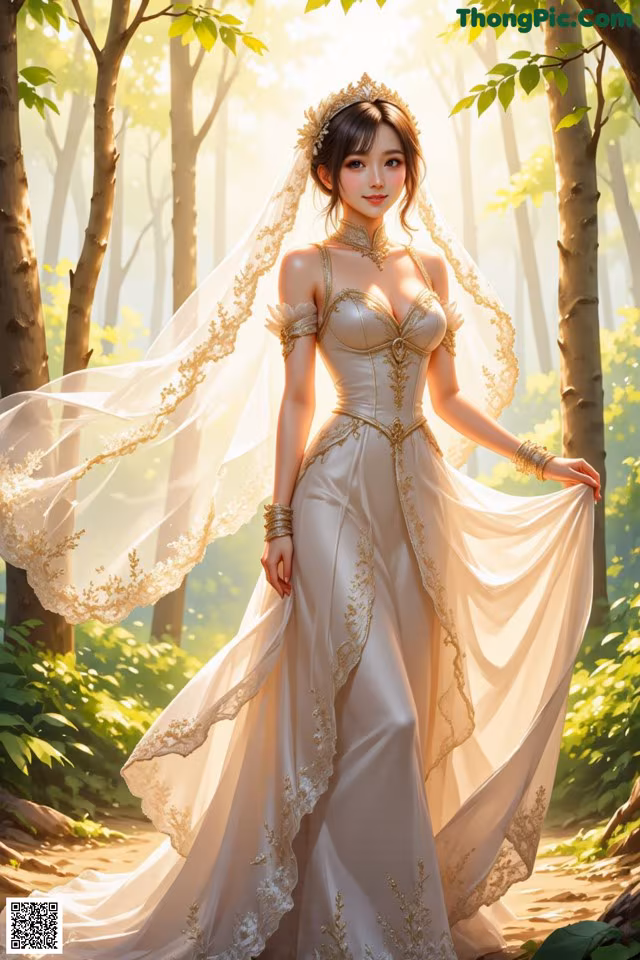 A woman in a wedding dress standing in the woods.
