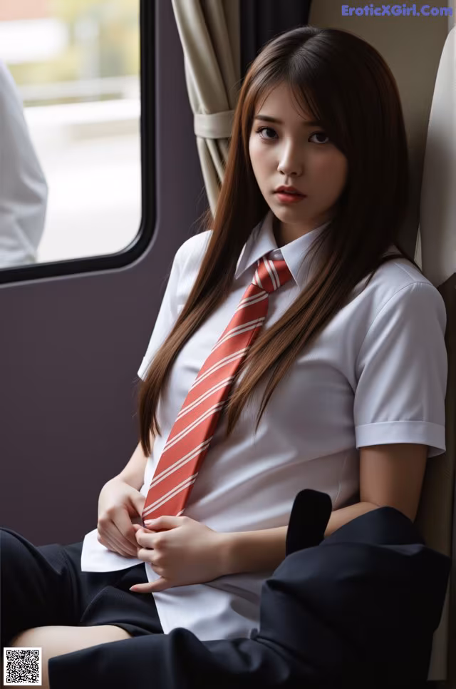 A woman in a white shirt and red tie sitting on a train.