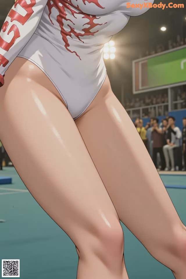 A woman in a white bodysuit with red flames on it.