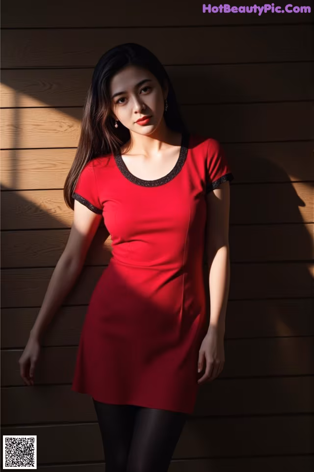 A woman in a red dress leaning against a wooden wall.
