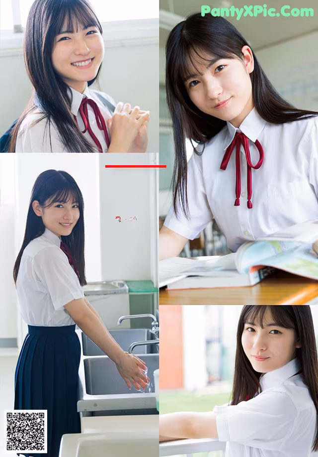 A young woman in a school uniform is posing for a picture.