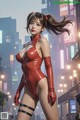 A woman in a red bodysuit standing in the middle of a city.