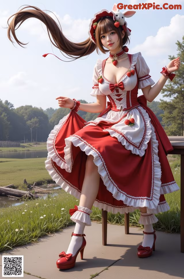 A woman in a red and white dress is posing for a picture.