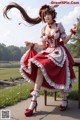 A woman in a red and white dress is posing for a picture.