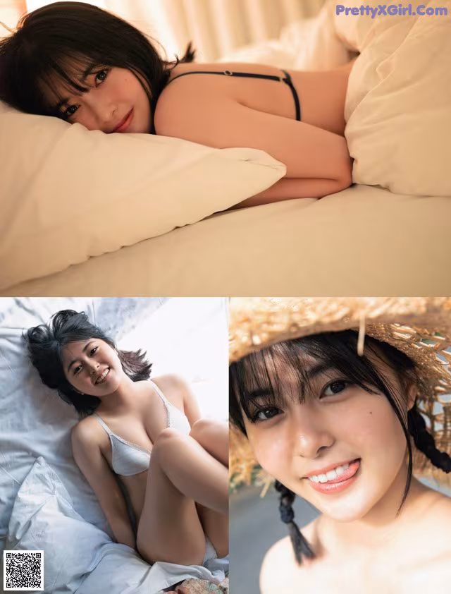 A woman laying on top of a bed next to a pillow.