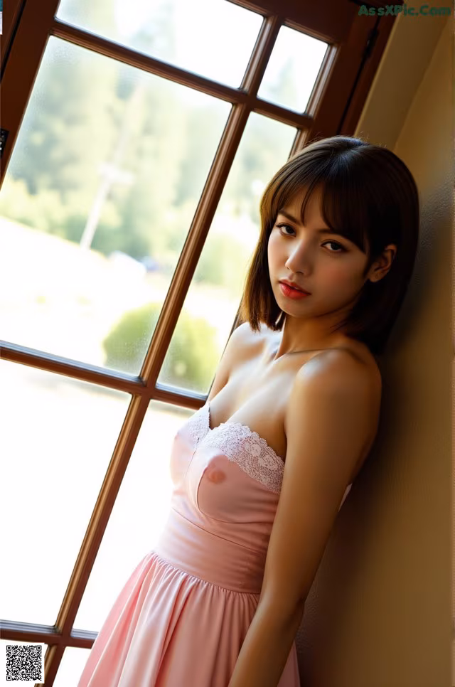 A woman in a pink dress leaning against a window.